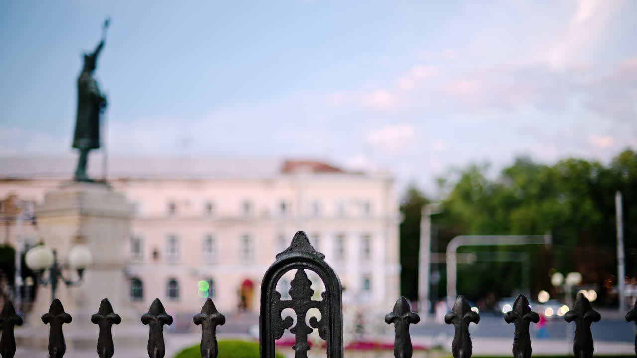 Blurred view of the Stephen the Great Monument in Chisinau, Moldova