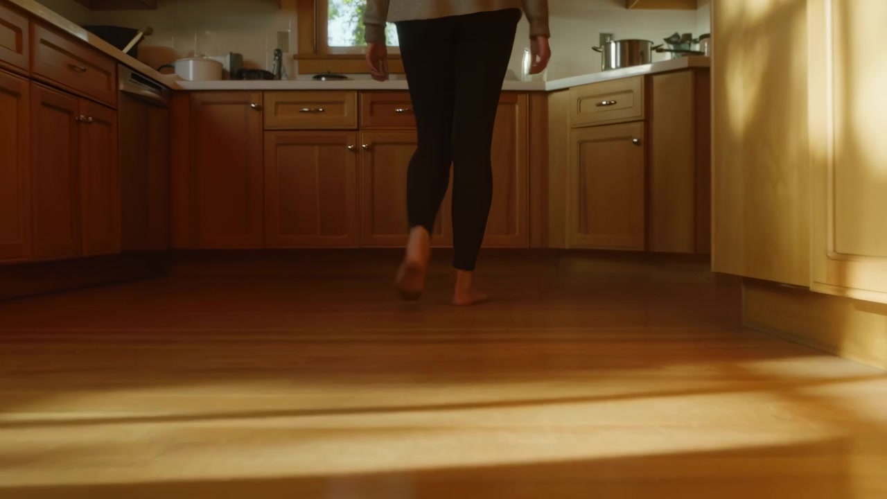 Low angle view shows lower body in dark pants walking barefoot through warm kitchen light, with gentle motion blur on polished wood floor and soft reflections beside cabinets, sink, window