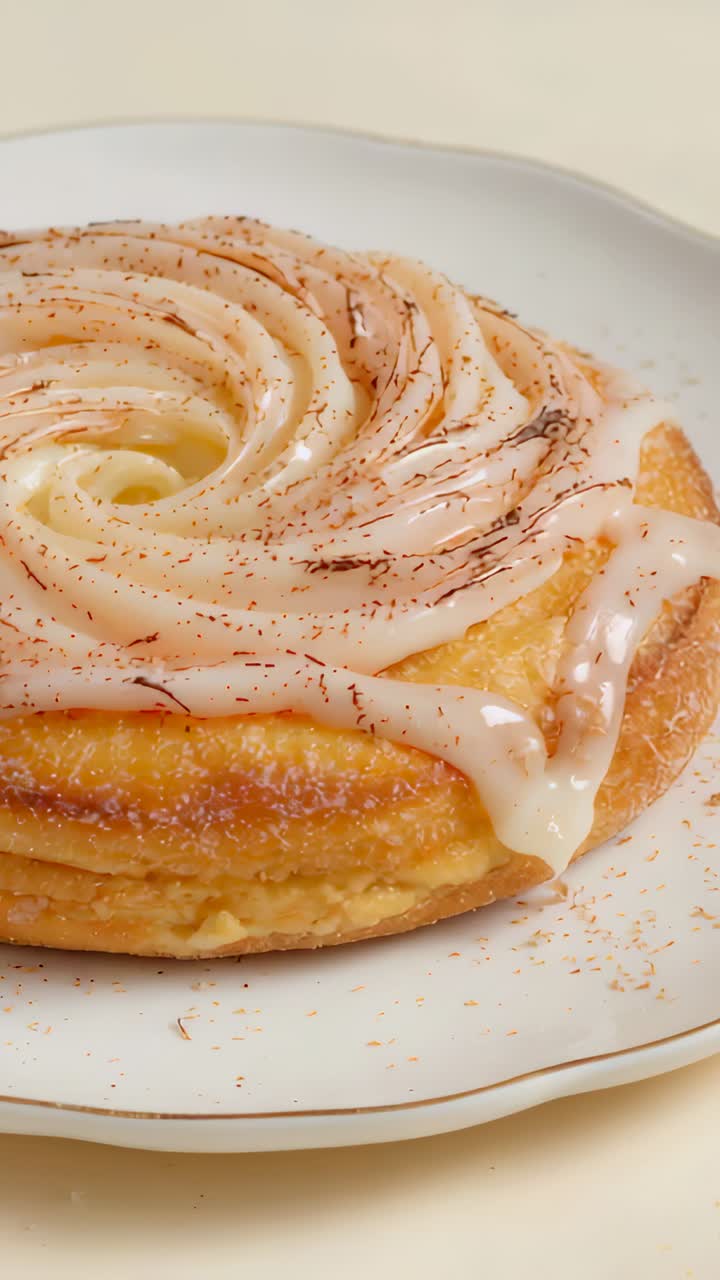 Vertical video: Zooming camera revealing spiral pastry on white gold-rim plate, showing glaze drips