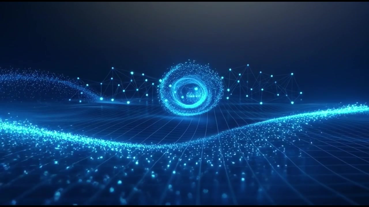 Abstract Digital Particle Wave and Glowing Network Connection
