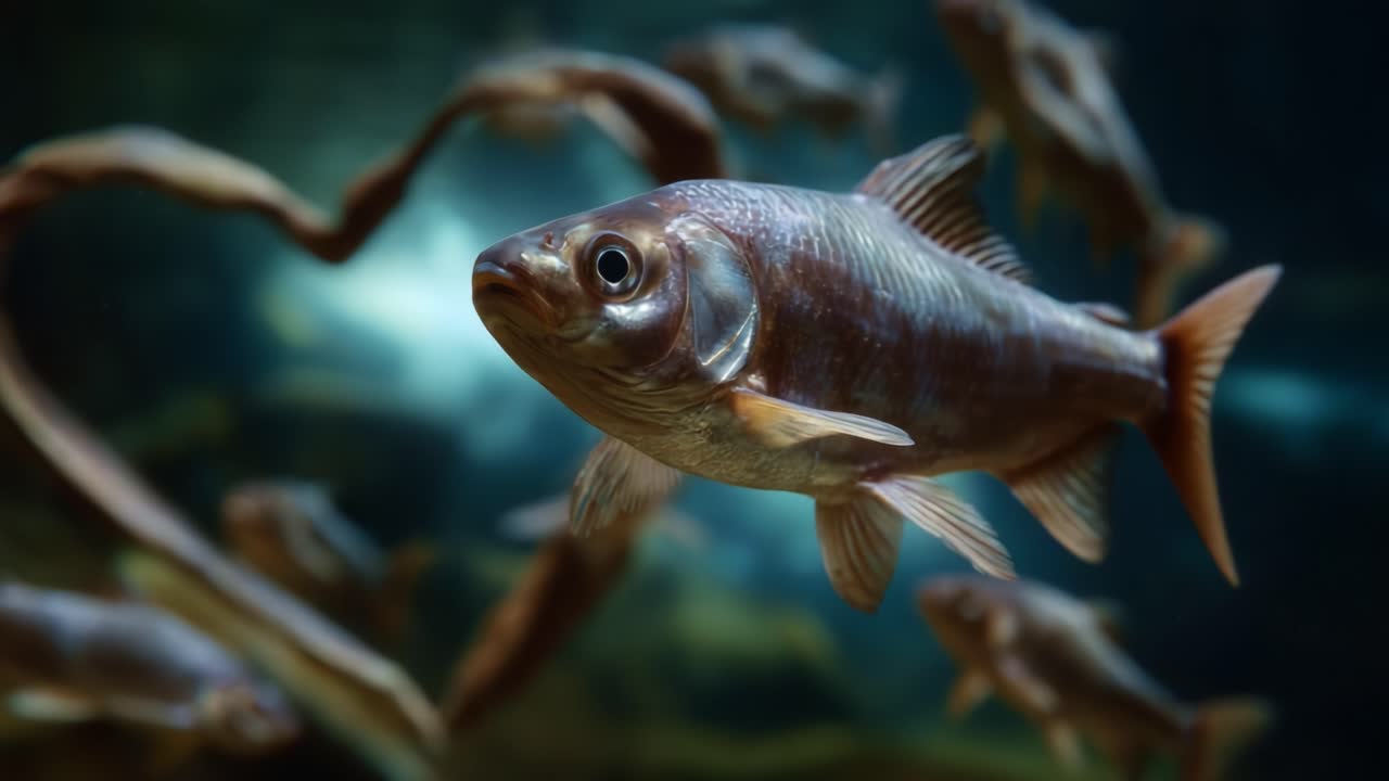 Eine Reise durch das Unterwasserleben: Fesselnde Fische in einer ruhigen Wasserumgebung mit lebhaften Bewegungen und wunderschönen Spiegelungen, eingefangen in atemberaubender Klarheit