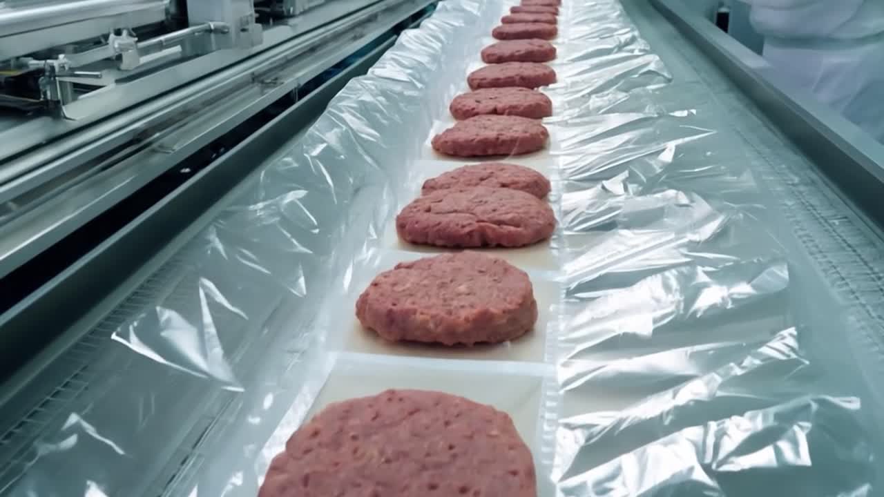 Burger patties on a conveyor belt in a food processing factory