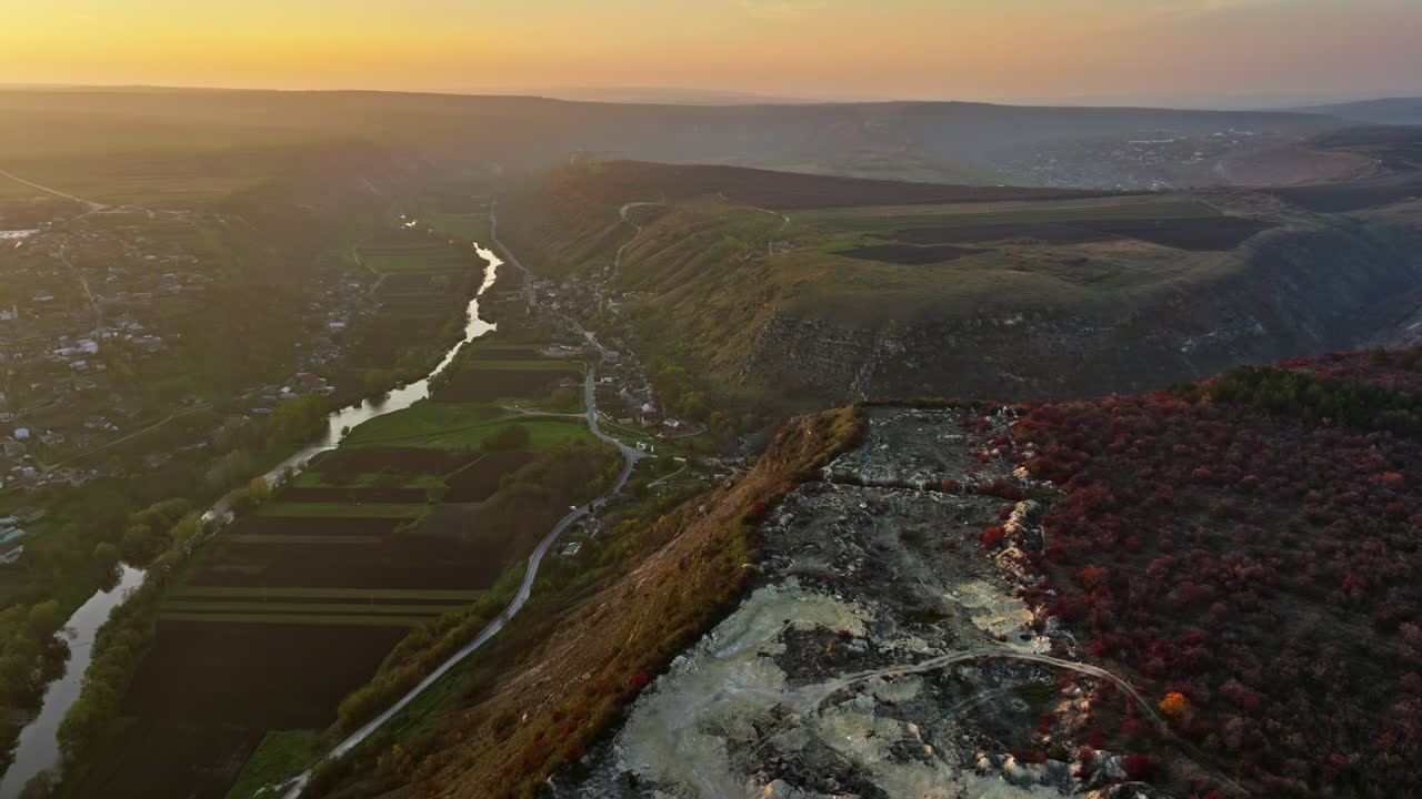 Aerial drone view of the Old Orhei historical and archaeological complex in Moldova at sunset