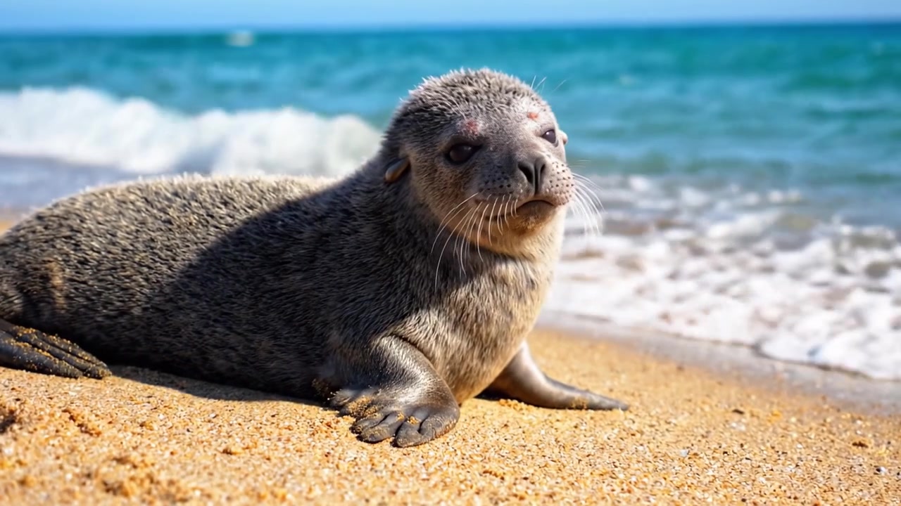 Un adorabile cucciolo di foca sulla riva, che si rilassa al caldo sole mentre le onde lambiscono dolcemente la spiaggia sabbiosa, creando una bellissima scena costiera