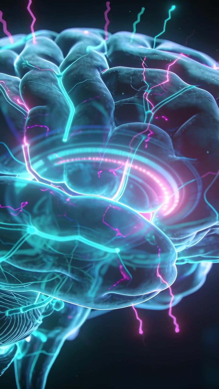 Vertical video: Pulsing 3D brain firing magenta arcs and cyan paths as neon ring pulsing in void