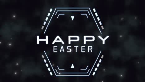 saludo de pascua futurista diseño minimalista con texto brillante en un fondo de espacio oscuro
