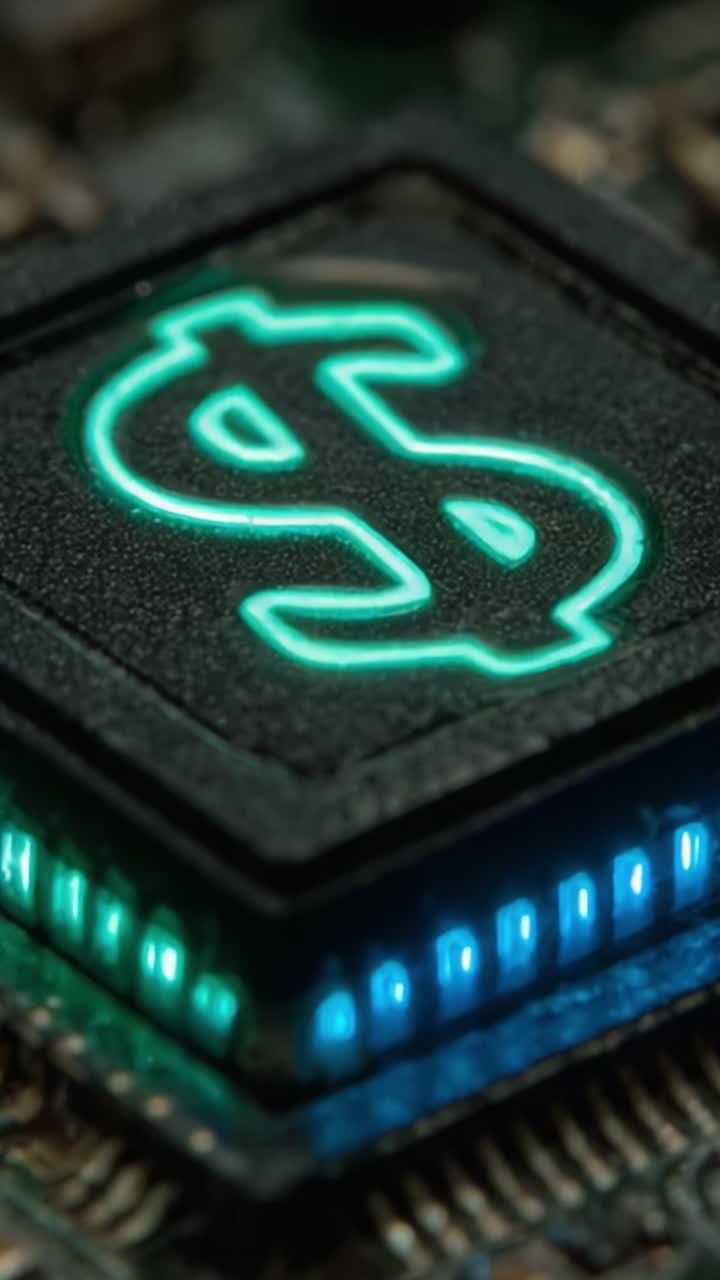 A Close-Up Visualization of a High-Tech Circuit Board Featuring a Neon Dollar Sign Design, Emphasizing the Fusion of Technology and Finance in Modern Electronics