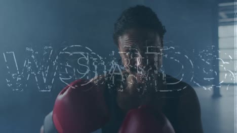 animación de inicio de texto y procesamiento de datos sobre el entrenamiento atleta femenina afroamericana de boxeo