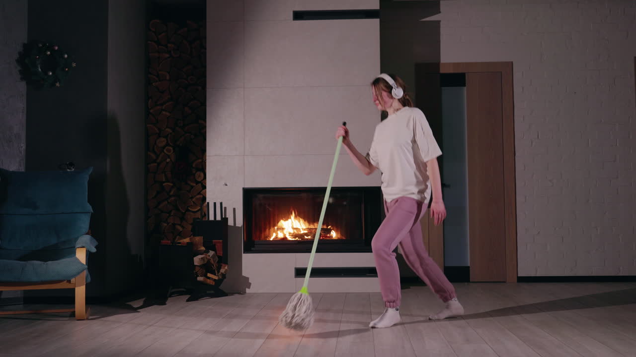 mujer bailando mientras limpia con un trapeador
