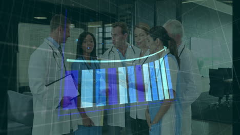 discussing patient data, medical professionals viewing bar graph animation in meeting