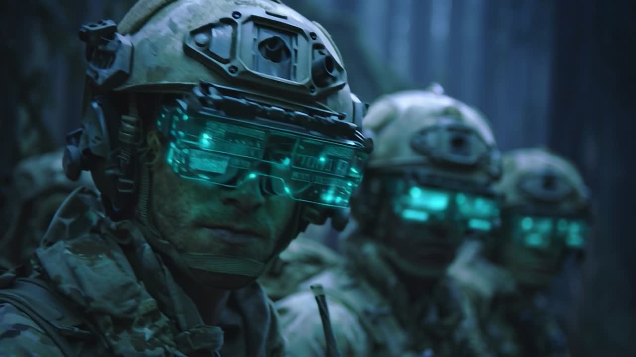 Soldati che utilizzano tecnologia avanzata di visione notturna in un ambiente forestale
