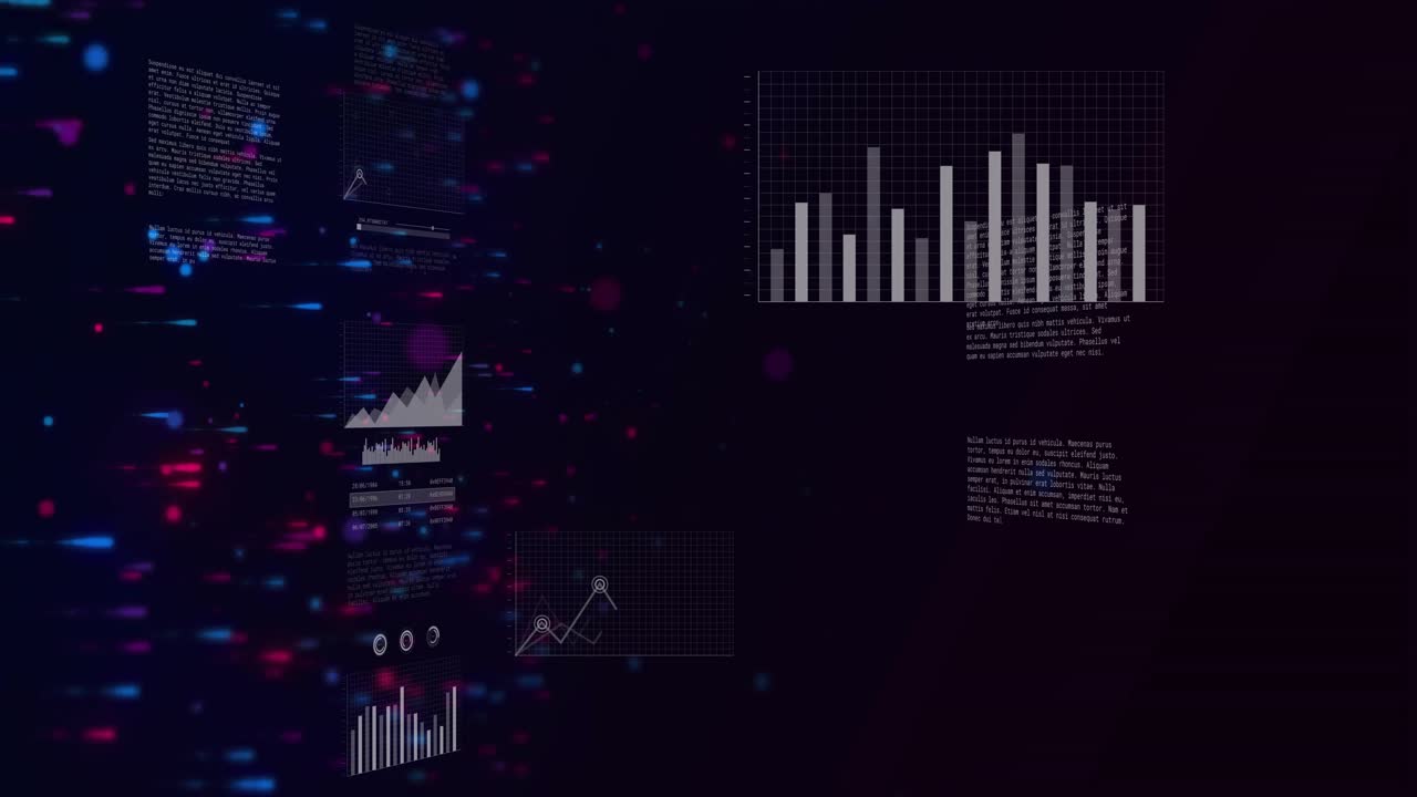when opening dark digital interface, data widgets expanding and drifting to visualize global trends