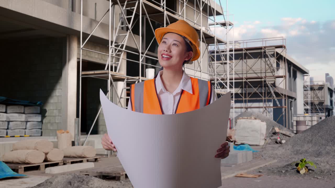 Asian Female Engineer With Safety Helmet Looking At Blueprint In Her Hands And Looking Around While Standing At Construction Site in Progress to New House