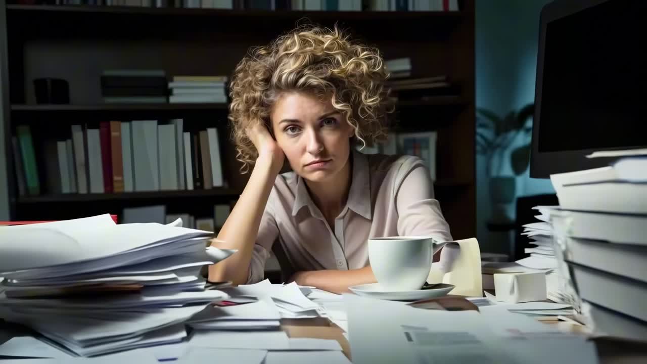 A stressed woman sits at a cluttered desk, surrounded by stacks of papers