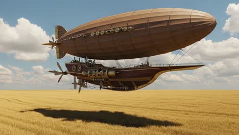 a majestic steampunk airship in flight over golden fields, featuring intricate mechanical details and vintage design elements, captured in two stunning frames