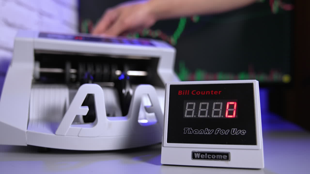 Bank cash counter machine. Horizontal view of the finance business money counting. Money and business concept