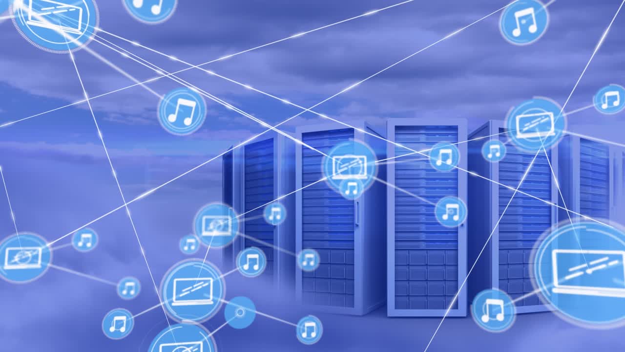 Animation of network of connections with icons over computer servers in clouds