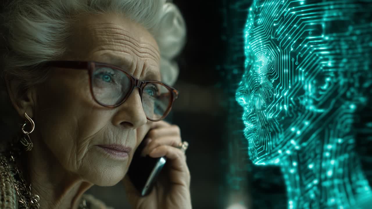 Una conversazione significativa: un'anziana signora interagisce con una rappresentazione AI futuristica durante una telefonata, sottolineando temi di tecnologia e umanità.