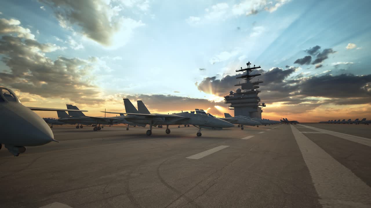 Navy Fighters Sit On The Flight Deck On An Aircraft Carrier, Sunset Time