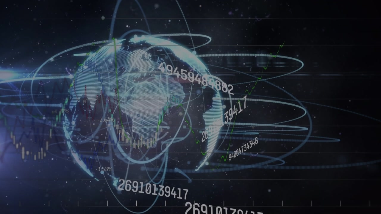 Animation of globe with network of connections over data processing