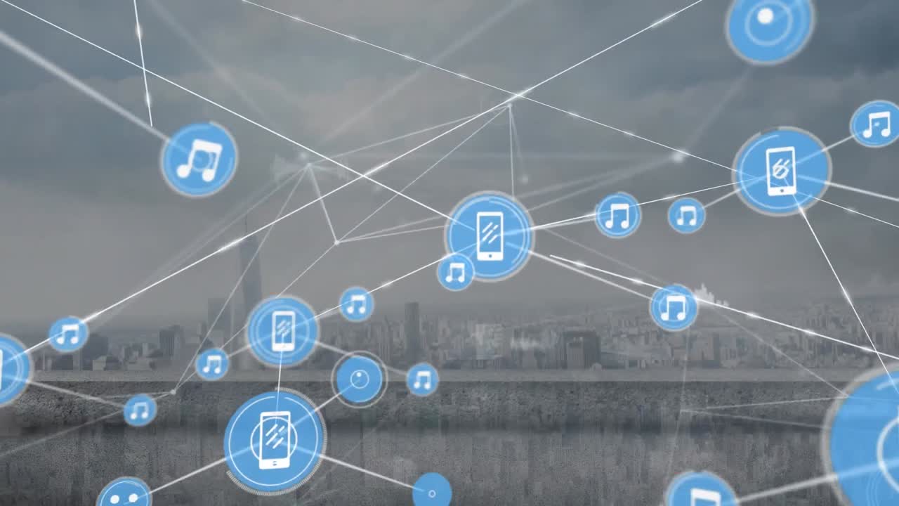 도시 풍경 위의 아이콘으로 연결된 네트워크의 애니메이션