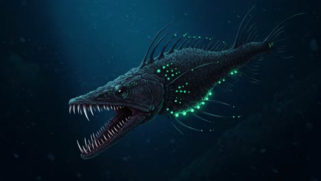 a mysterious deep-sea creature with glowing markings and sharp teeth swimming in abyssal waters captured in iconic frames that showcase its predatory nature