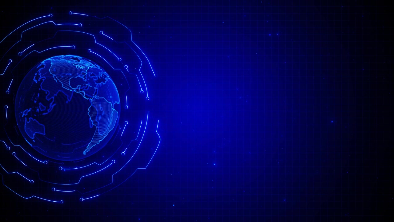 Blue global technology grid shows digital earth circular circuit arcs deep copy space intros science