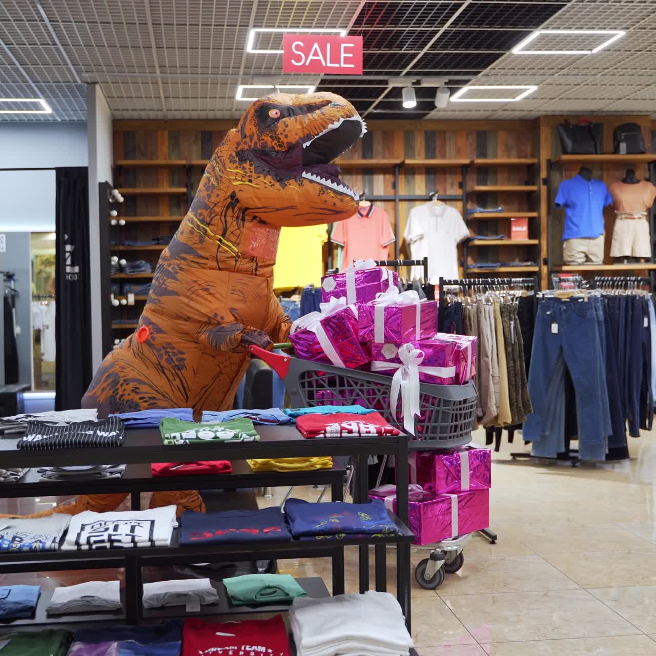 Dino costume walking in the mall. Adorable funny man in dinosaur costume