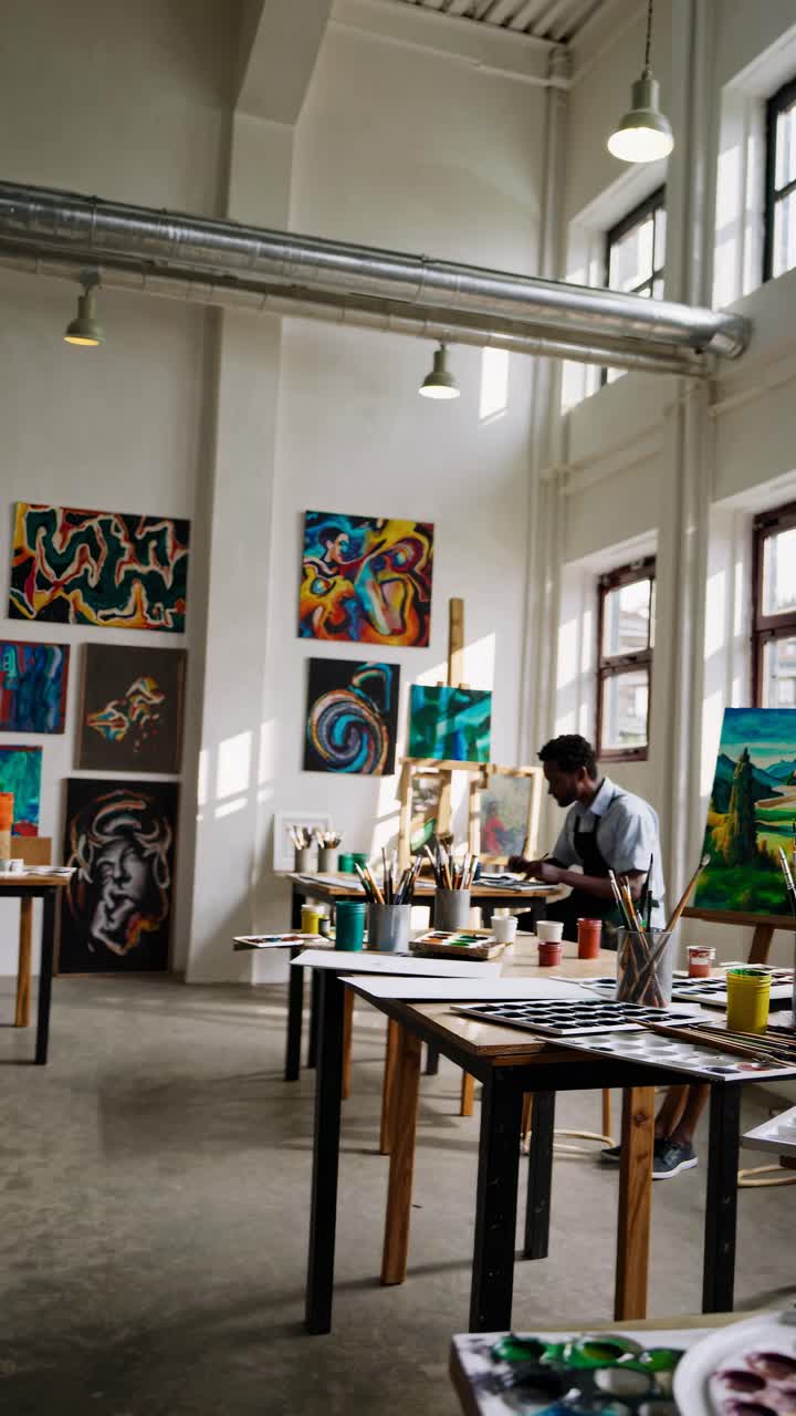 A video captures an artist in a bright studio, surrounded by colorful paintings