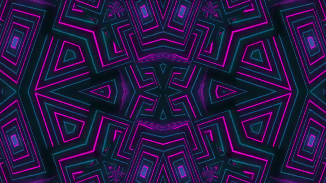 Motivo caleidoscopico geometrico astratto con linee neon blu e magenta luminose