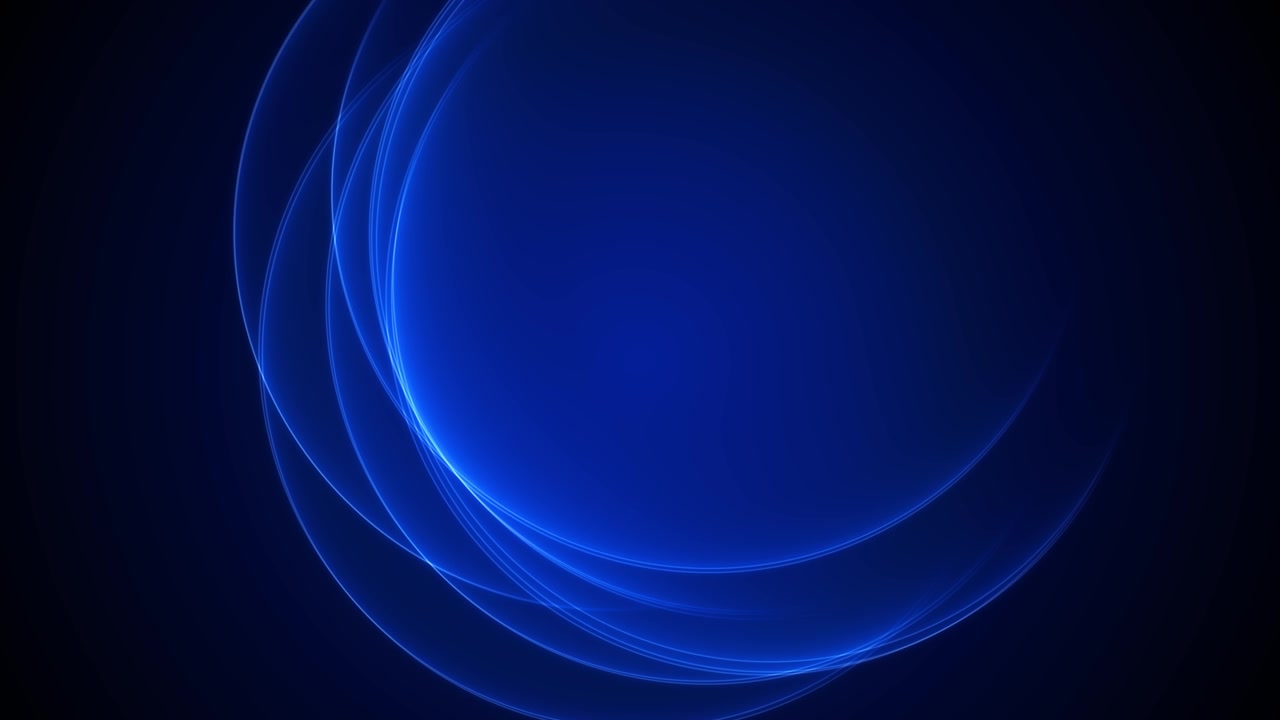 Sfondo astratto blu con linee curve luminose, archi circolari morbidi, spazio con gradiente scuro e un'estetica pulita.