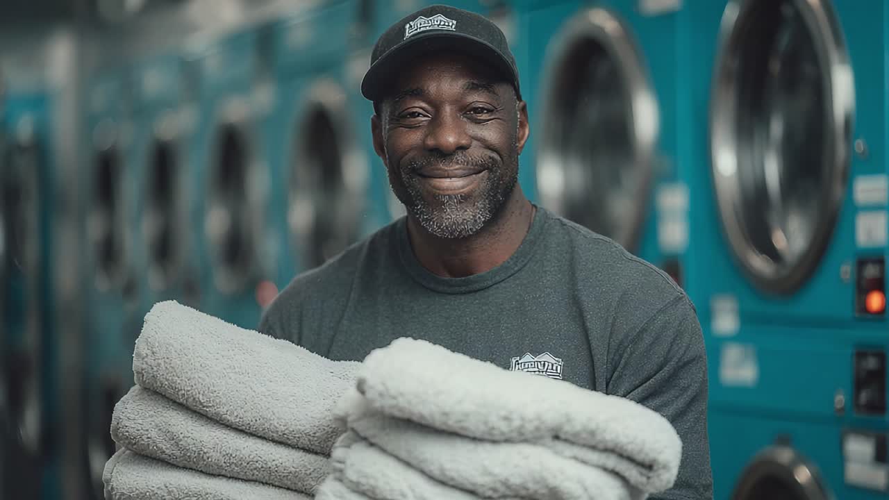 A Friendly Laundromat Attendant Smiling and Holding Clean Towels in a Modern Laundry Facility with Large Washing Machines in the Background, Capturing Service and Care