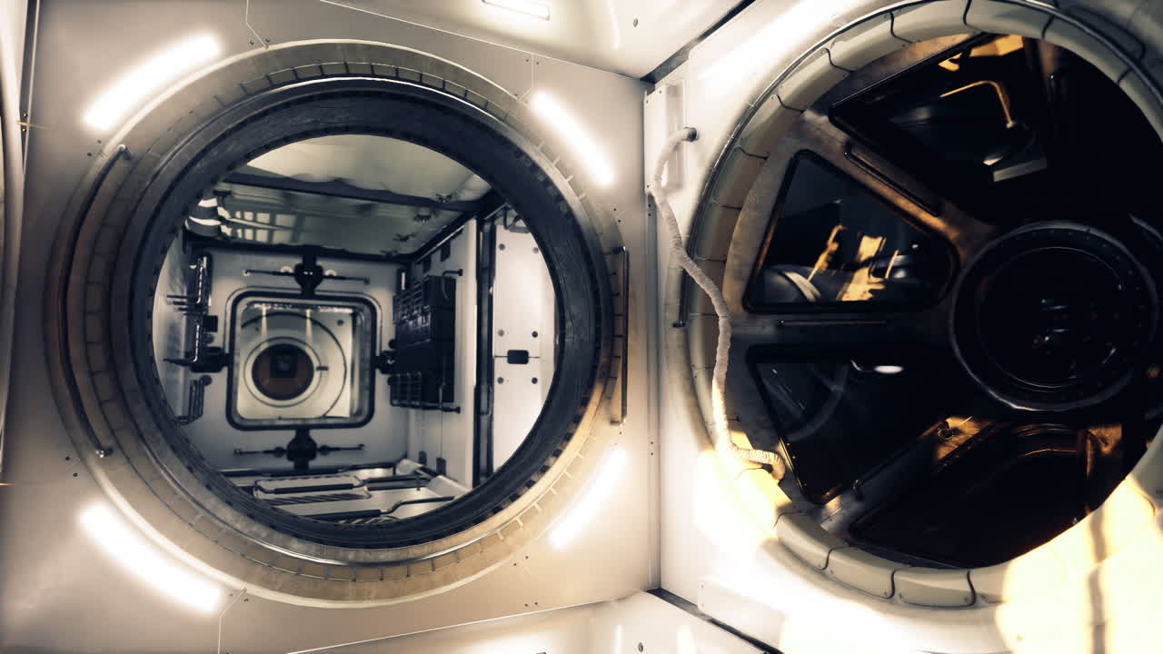 Area di stoccaggio merci della stazione spaziale con infissi e accessori robotici