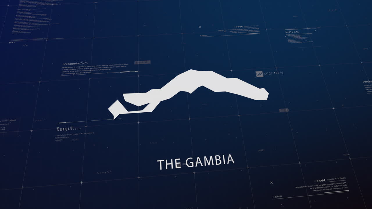 The Gambia country map comes to life with cinematic panning, unveiling key details, the capital, and slogan, providing an engaging background for corporate and commercial use