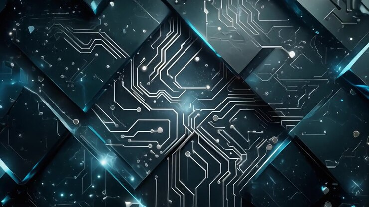 Sfondo astratto di circuito stampato digitale con luce blu brillante