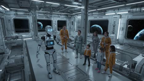 an engaging encounter: a humanoid robot interacts with a group of space explorers inside a high-tech space station amid cosmic backdrop