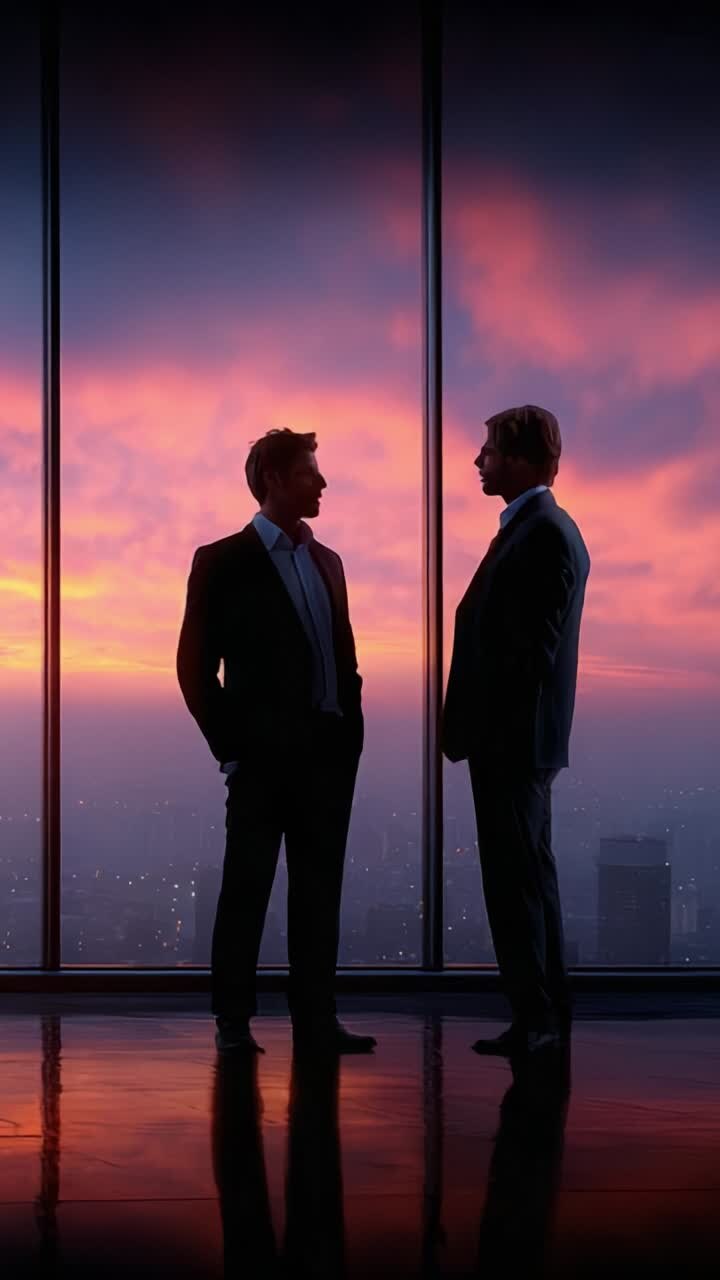 Un dialogo intenso al crepuscolo: due professionisti impegnati in una profonda conversazione con una splendida vista del tramonto da una vetrata panoramica di un ufficio