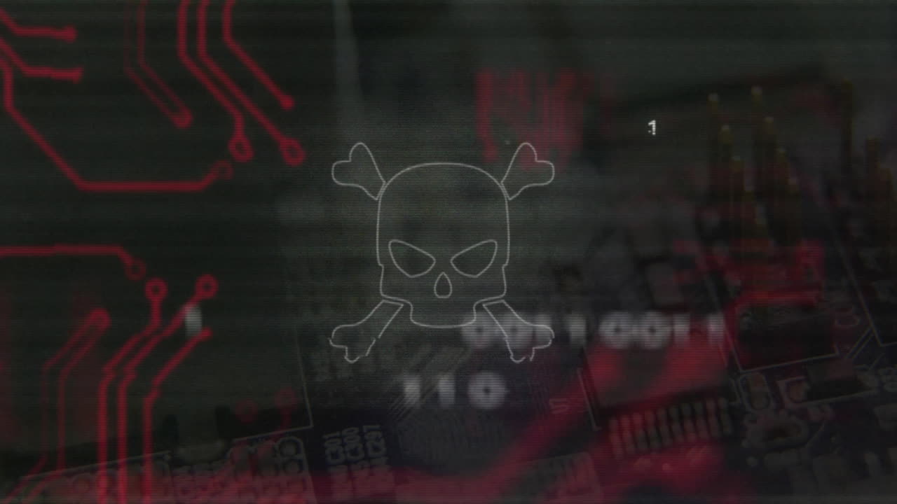 cráneo y huesos cruzados con animación de código binario sobre placa de circuitos electrónicos