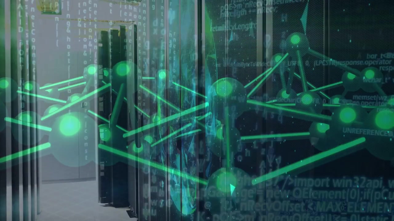Server racks with green network overlay reacting to traffic spike, expanding, pulsing, showing load