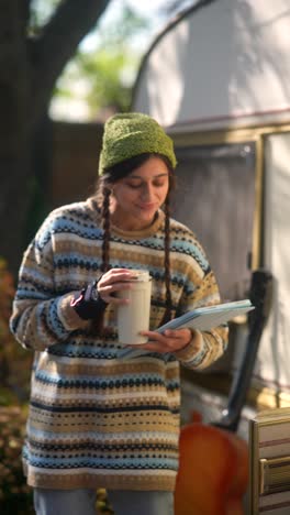 mujer joven con una computadora portátil y café al aire libre