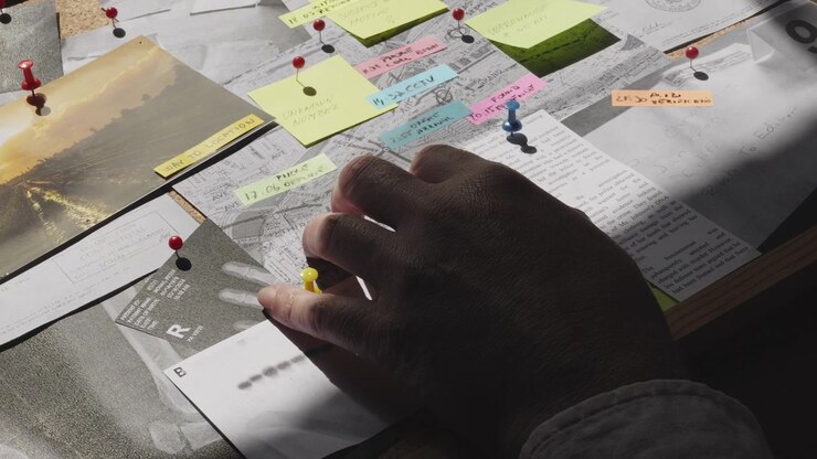 Over-the-shoulder shot of an investigator organizing clues on a suspect board under low light. Evokes a classic retro noir crime room mood for mystery and true crime series.