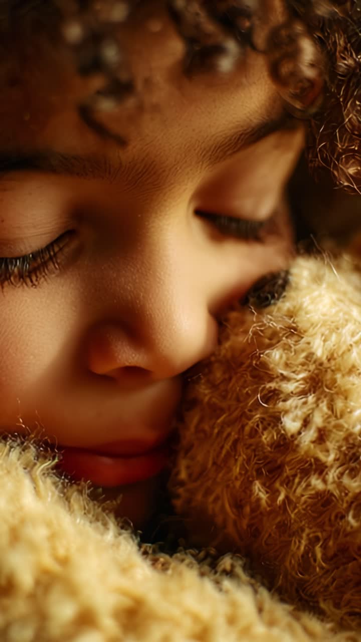 Primo piano di un bambino sereno che abbraccia un peluche, catturando un momento di conforto e tranquillità con luci e texture soffuse