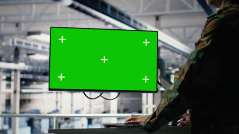 army programmer in server hub uses ai application on green screen mockup pc