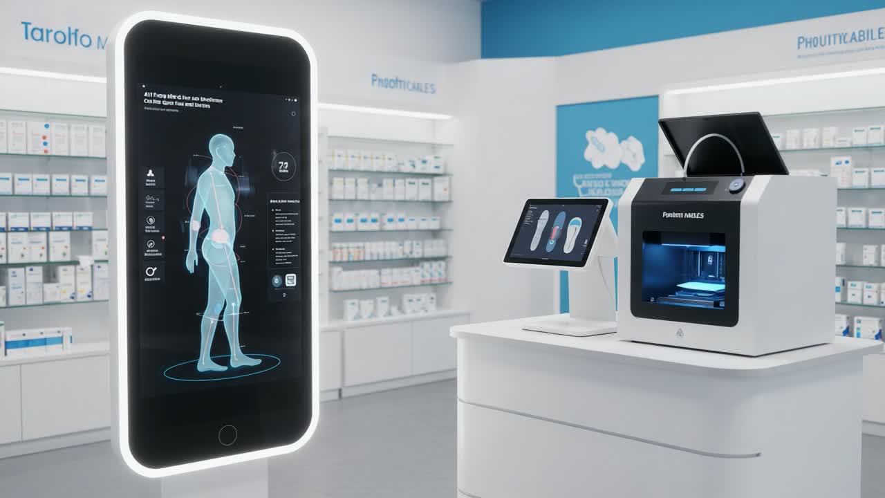 A futuristic health technology display featuring a holographic human figure, showcasing interactive modules alongside an advanced medical printing device in a sleek, modern setting