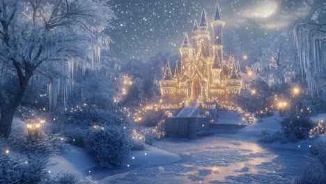 snow is falling on a fairytale castle decorated with christmas lights in a winter wonderland, with a frozen lake in the foreground and trees covered in snow
