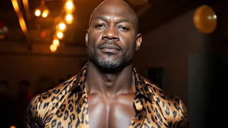 a man in a leopard print shirt standing in front of a brick wall