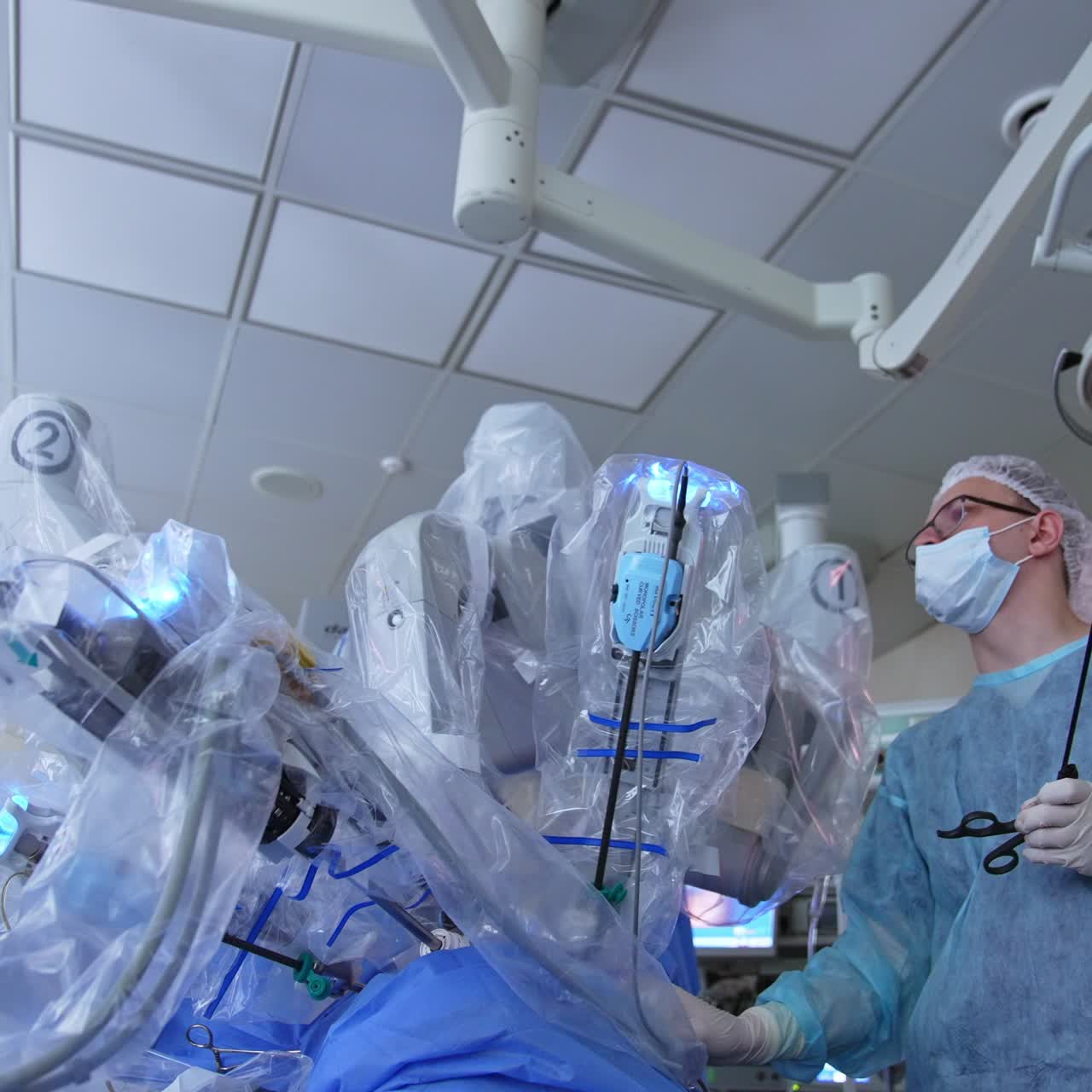 Operating room robot technologies. New medicine technologies robotic modern operation