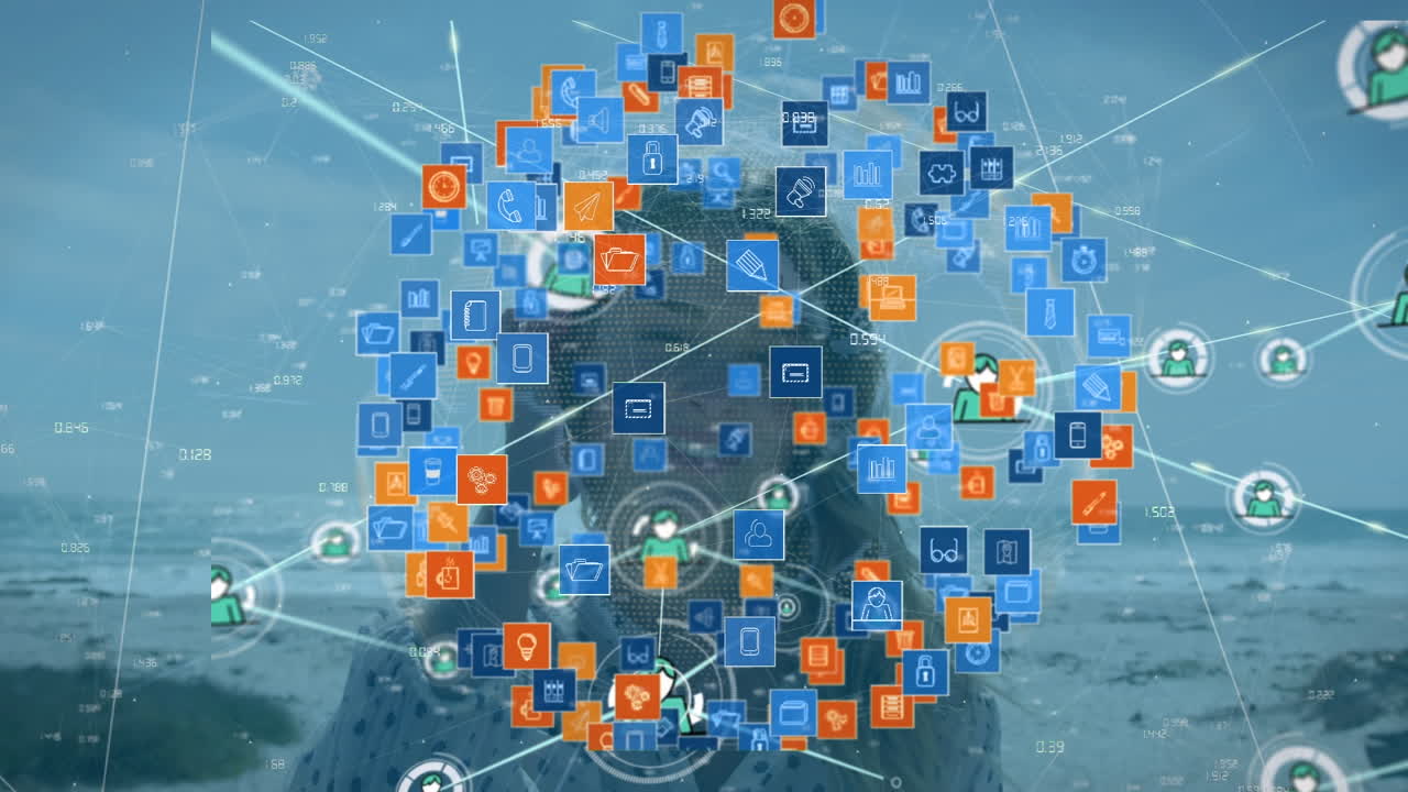 animación de la red de conexiones con iconos de los medios sobre una mujer caucásica feliz