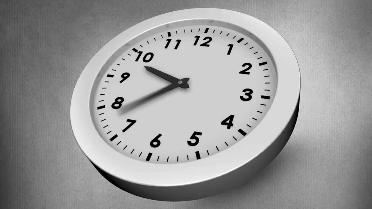 animación de un reloj en blanco y negro moviéndose rápido sobre un fondo gris