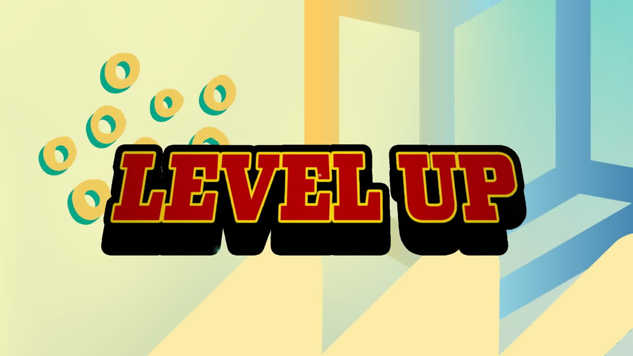 Animation of level up text on retro speech bubble over abstract shapes against gradient background